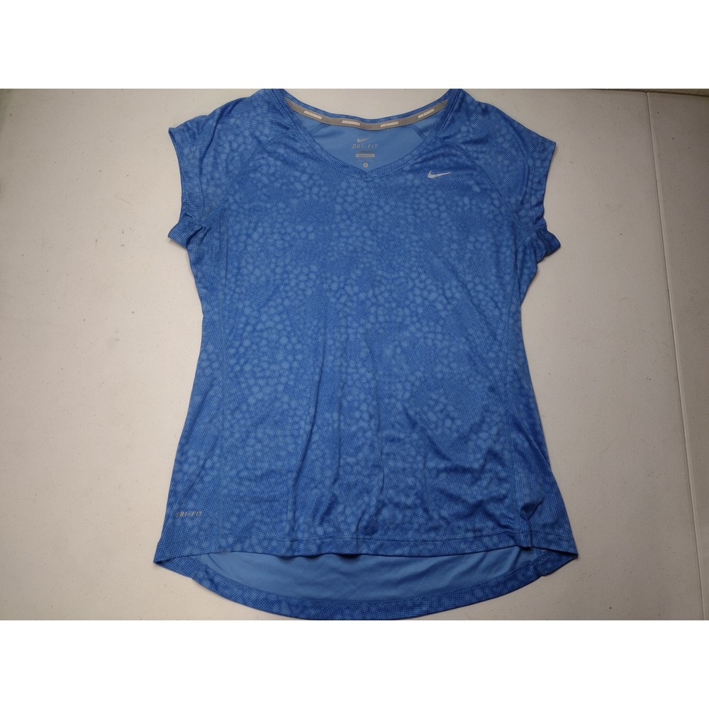 Nike Running Dri-FIT Miler V-Neck Blue Geometric Print T-Shirt Womens Large